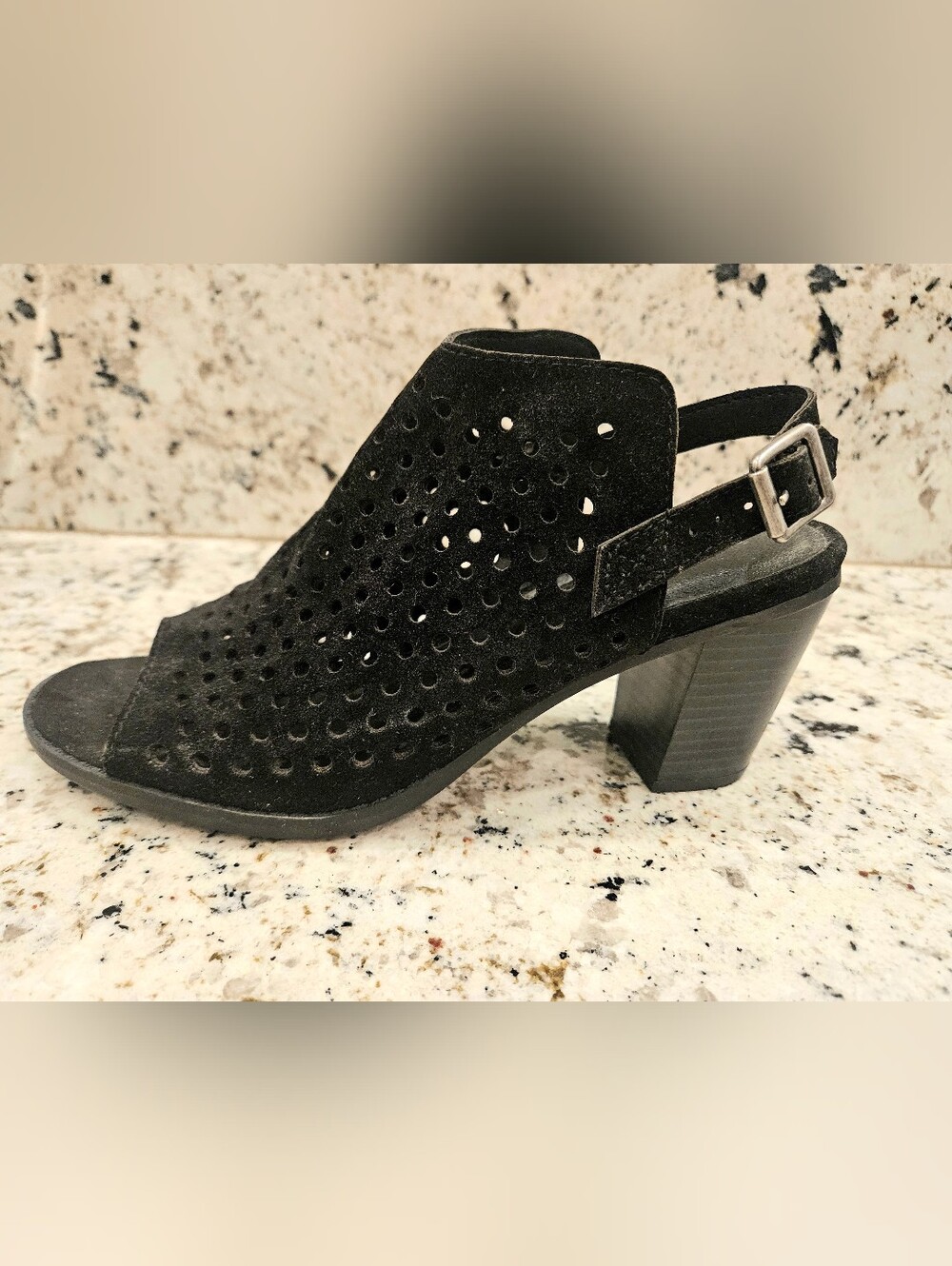 Black Perforated Block Heel Slingback Shoes
